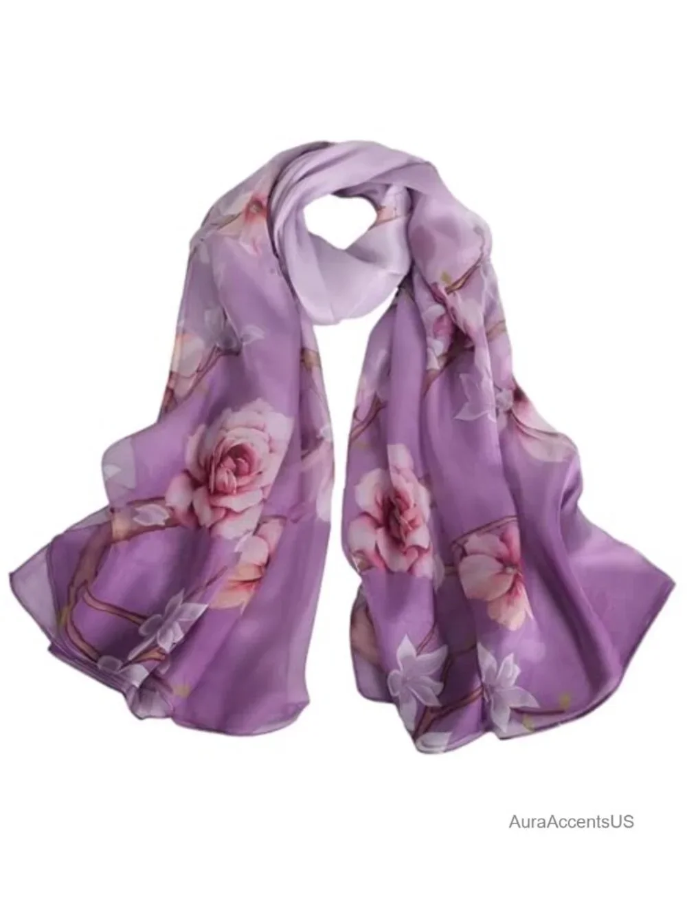 100% Mulberry Silk Chiffon Scarf, Printed Long Shawl, Lightweight Oversized